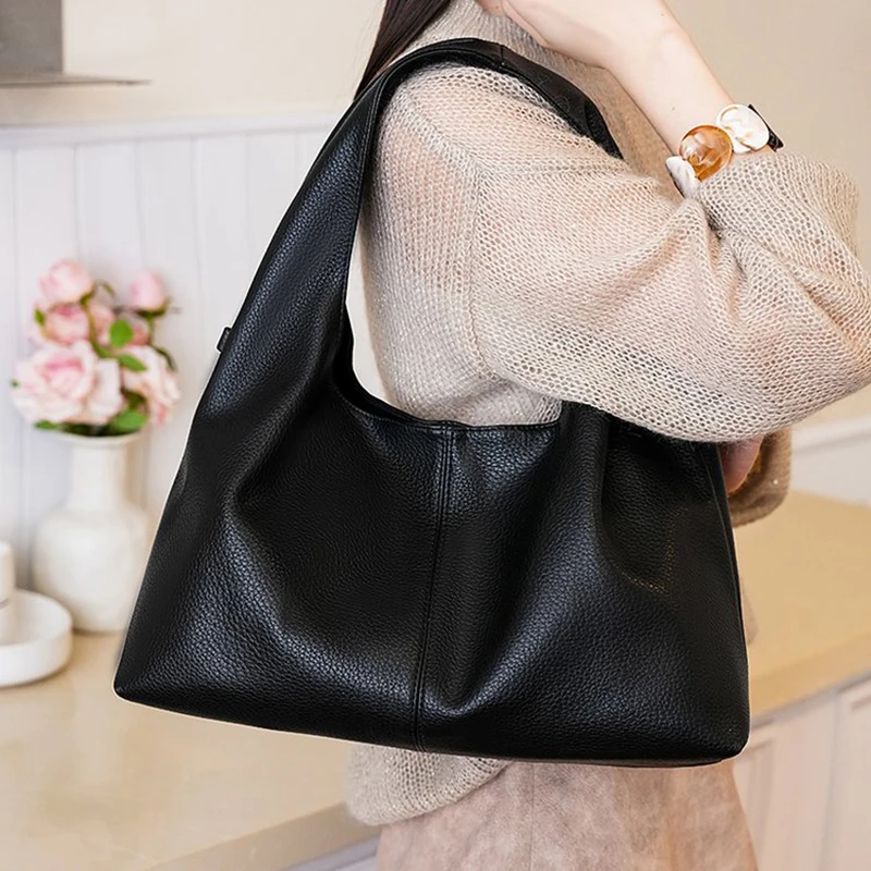 Women Soft Faux Leather Hobo Tote Bag Large Capacity Litchi Texture Shoulder Handbag Casual Daily Purse