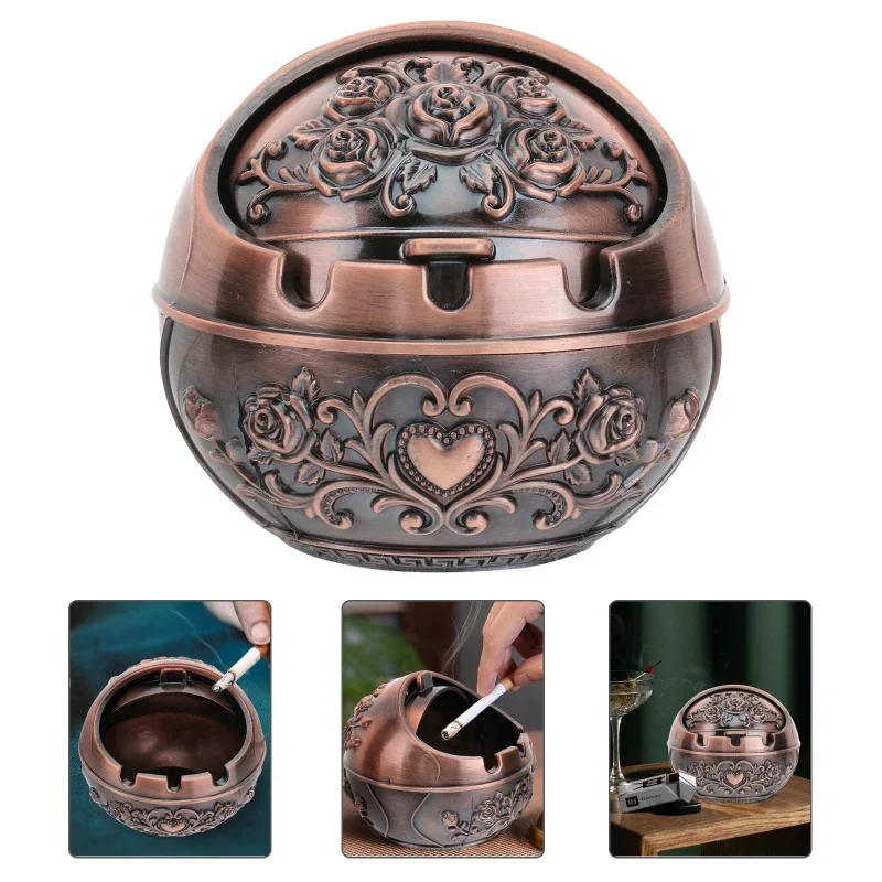 

Vintage Globe Ashtray Alloy Desktop Ashtray Windproof Smokeless Ash Tray with Lid Odor Eliminator for Office Home Decor