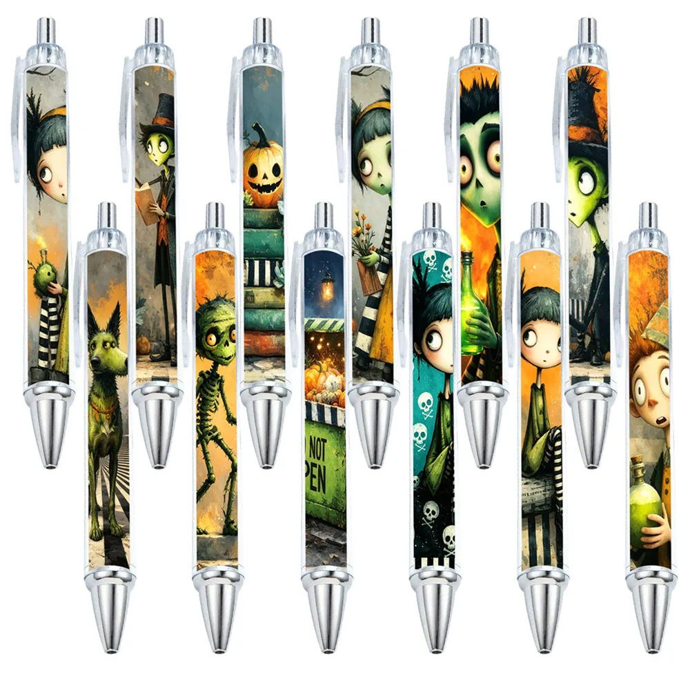 12/18 PCS Green Hair Magic Retro Halloween Illustration Theme Ballpoint Pens - Educational Office Supplies - Patterns Random
