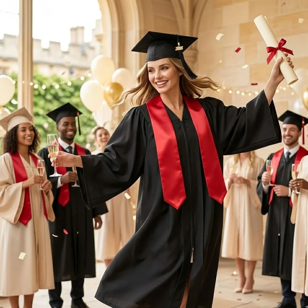 Complete Graduation Outfit with Gown Cap Red Sash for Bachelor Master Degree Ceremony