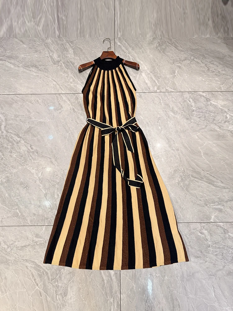 Summer Fashion Party Vintage Striped Silver Wire Knitting A-Line Long Dress Women's Stand Collar Sleeveless Belt Slim Dresses