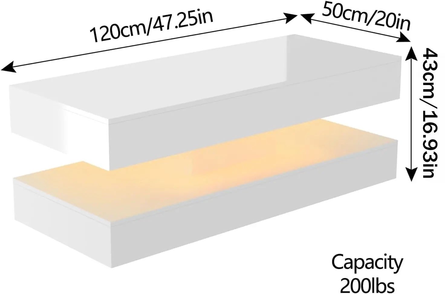 47.3in Large High Glossy LED Coffee Table With 2 Storage Drawers,Black/White Modern Coffee Tables For Living Room,