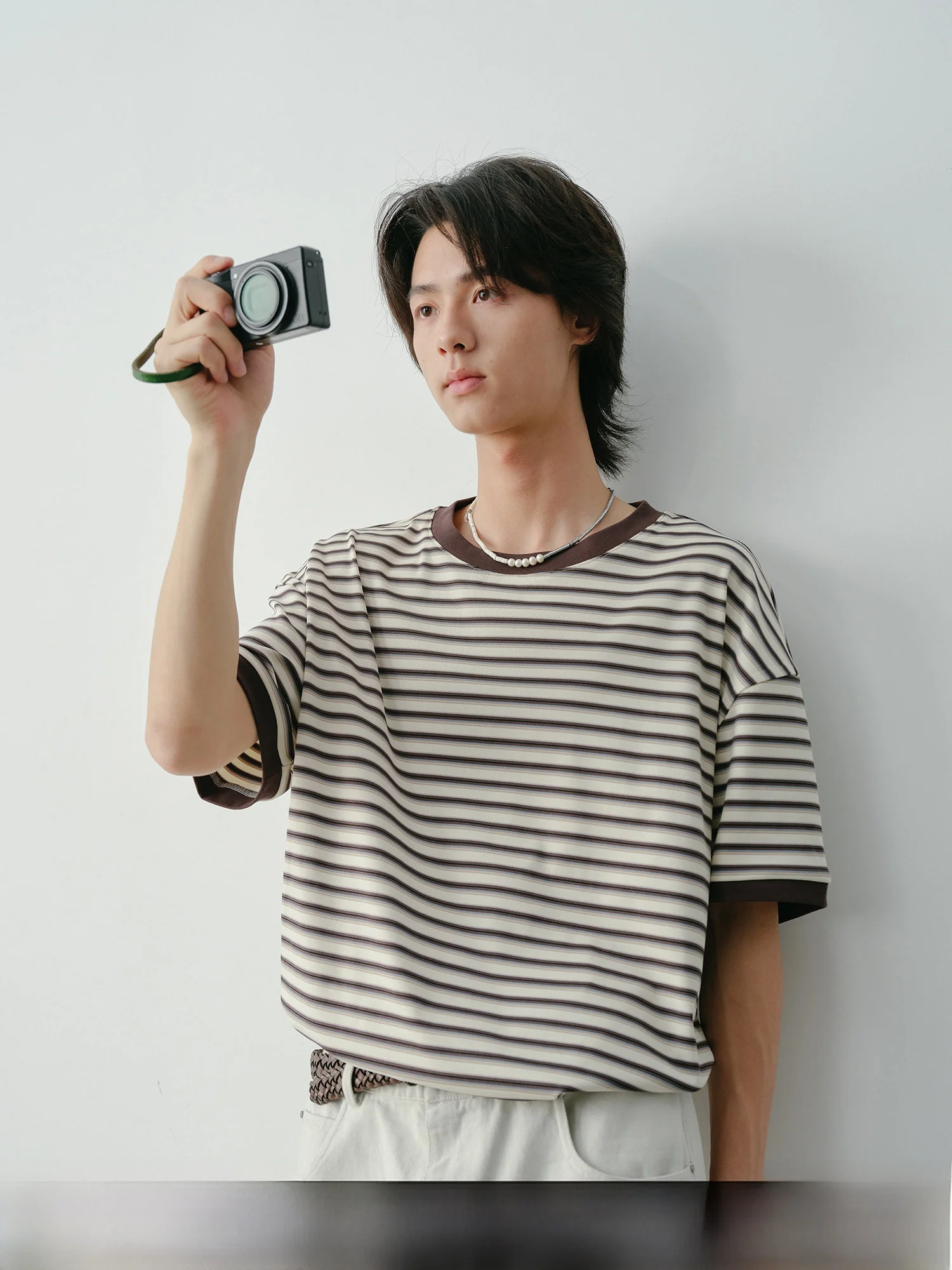 

Loose Fit Summer New Men's T-Shirt Short Sleeve round Neck Half Sleeve Stripe Pattern Breathable Cotton Blend Brand