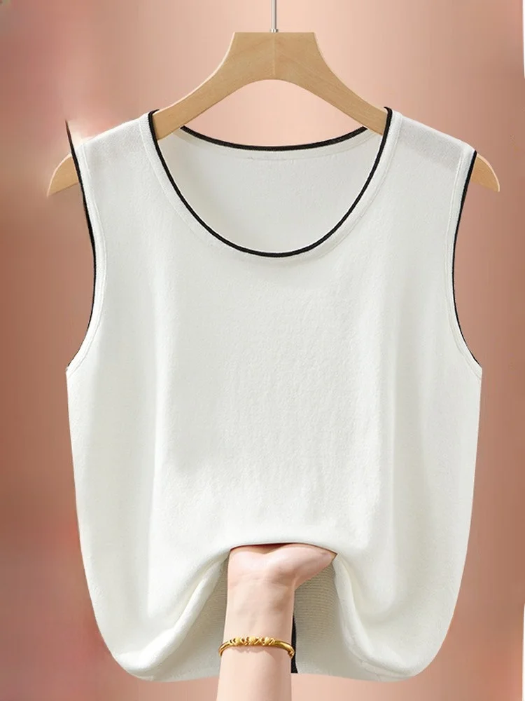 Gilet di seta Donna Estate Sottile rotondo Ne Svel T-shirt in seta di ghiaccio lavorata a maglia Top bianco Vestibilità ampia Abbigliamento estivo versatile casual