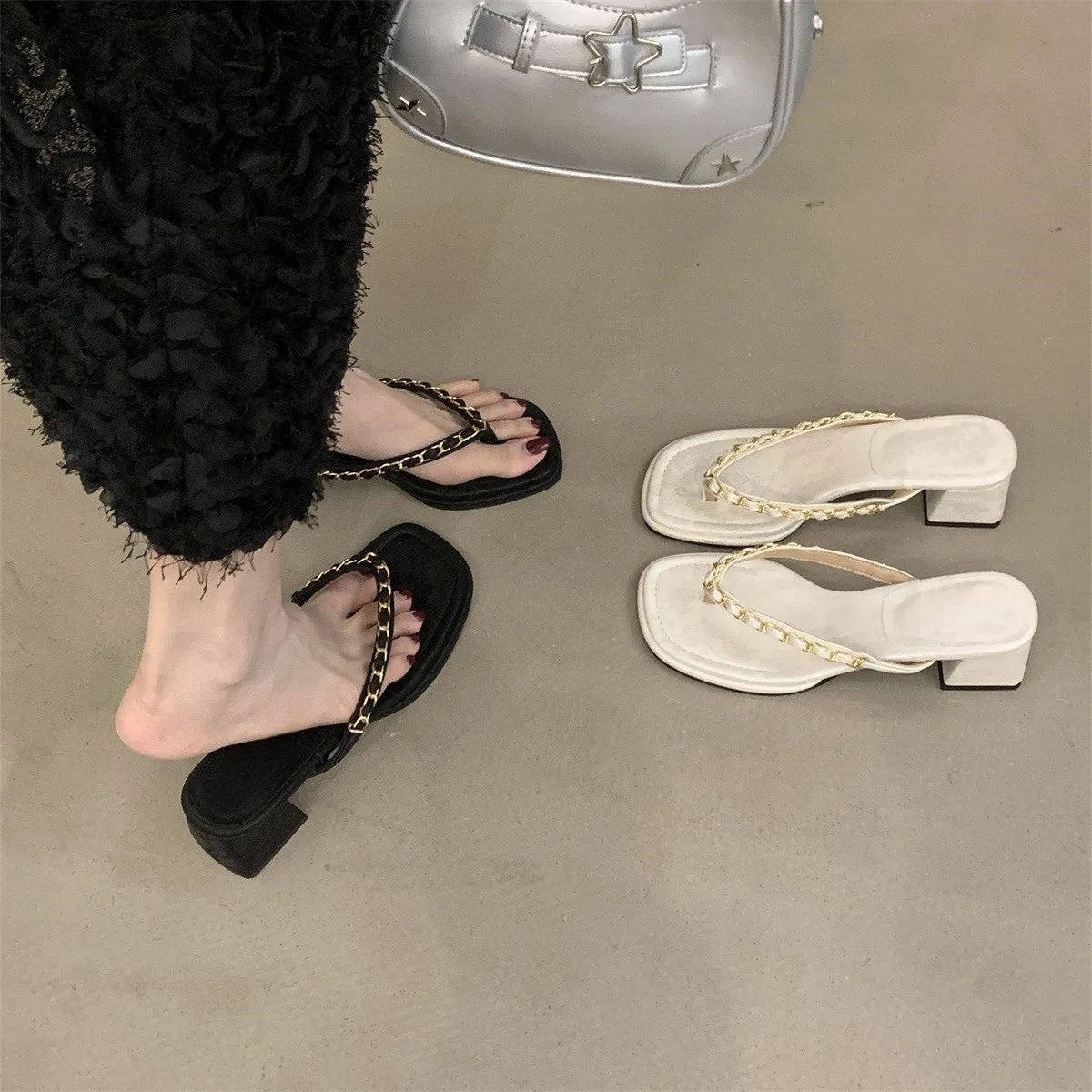 Fashion Solid Color Women's Slippers Minimal Square Head Clip Toe Chunky Heel Shoes Ladies Casual Daily Versatile Sandals
