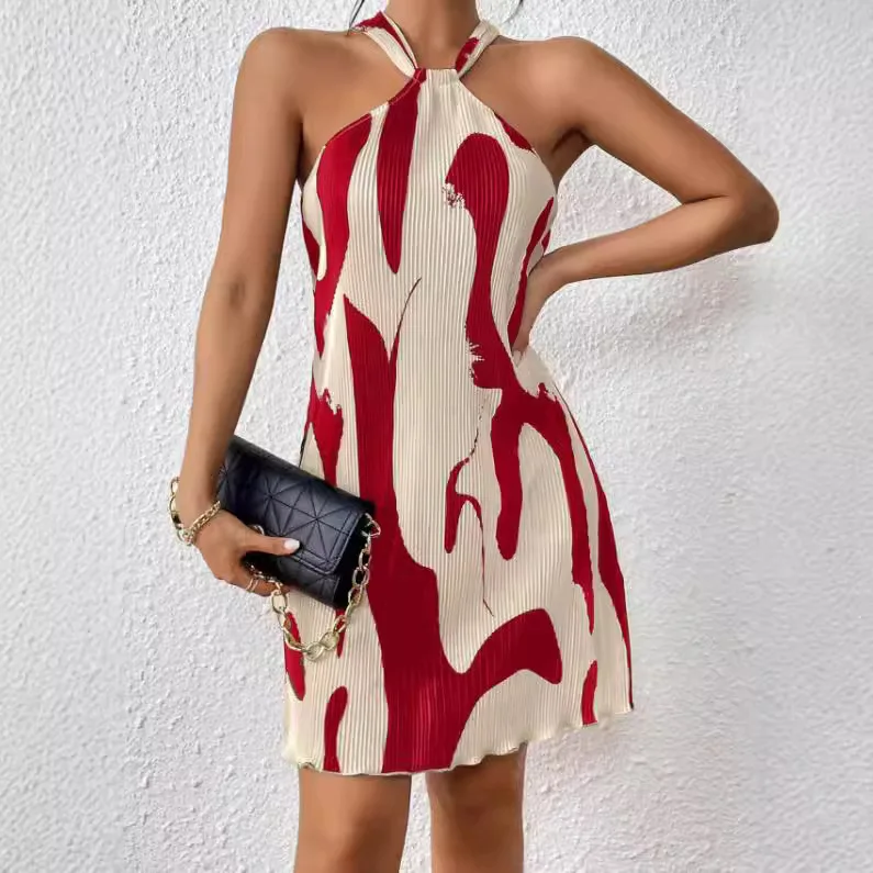 

2025 Fashion Contrast Print Dress For Women Summer New Sexy Off-shoulder Neck Halter Short Dresses Elegant Slim Folds Dresses