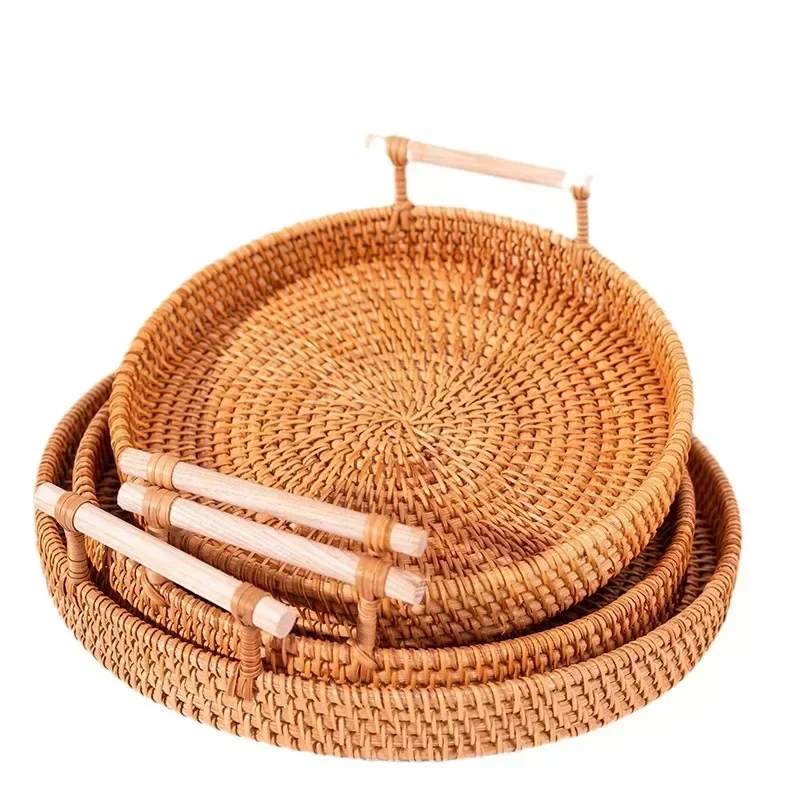 Vassoio da portata in rattan intrecciato artigianale da 1 pezzo, doppio manico, piatto multiuso per presentazione di tè e snack, ideale per il pane, con