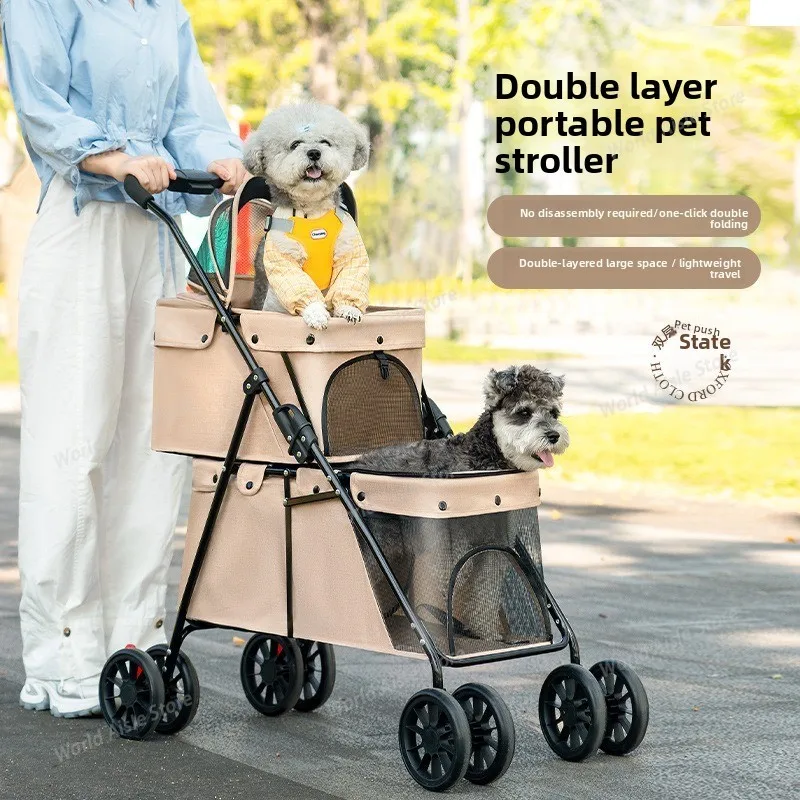 Double-layer Pet Cart Strollers Out 600D Oxford Lightweight Foldable Dog Cat Trolley Travel Stroller Small Pet Outdoor Cart