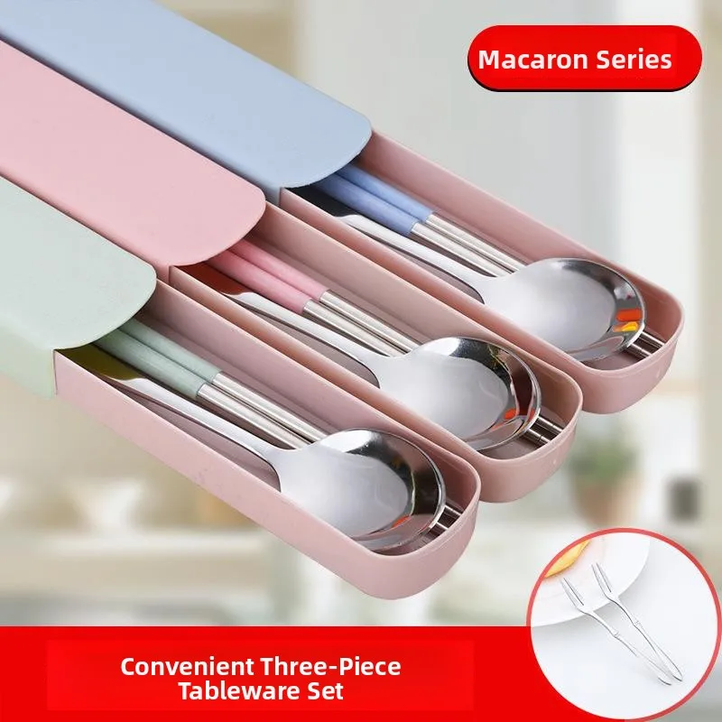 Portable Children's Student 304 Stainless Steel Chopsticks Spoon Three-Piece Set Pull-Out Plastic Storage Box Dining Utensils