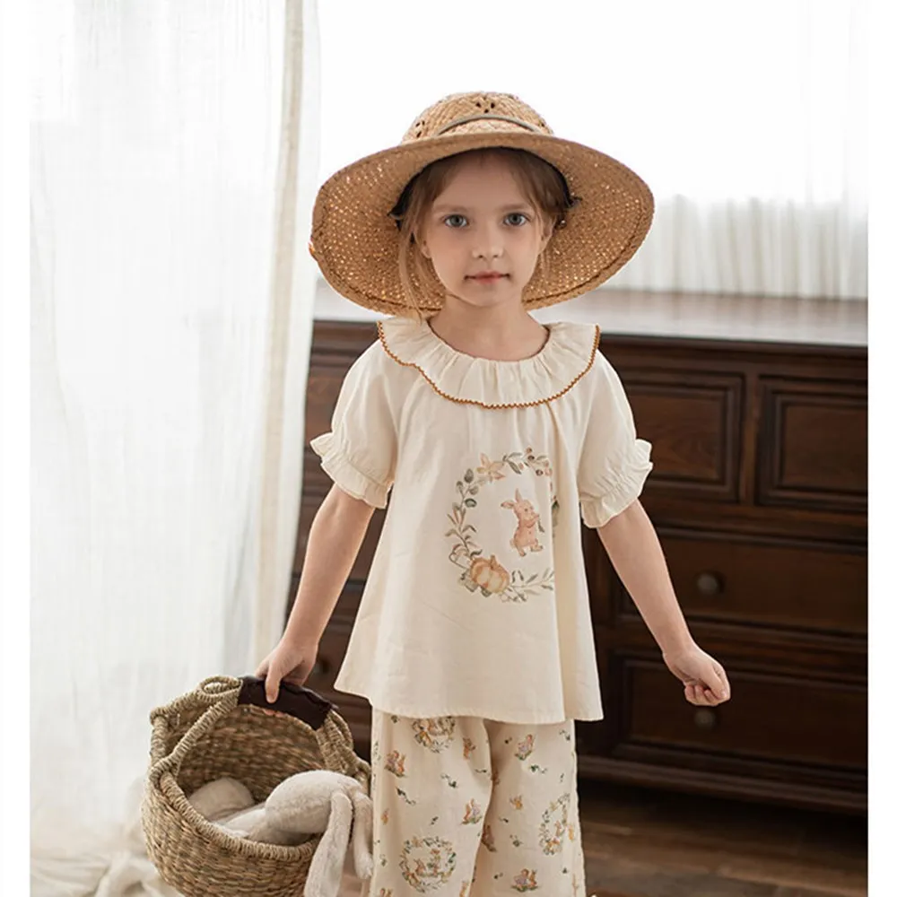 

baby girls tops Cartoon bunny pattern printed short sleeved shirt Forest style minimalist summer T-shirt