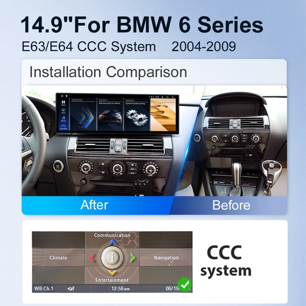 14.9 inch Car Radio For BMW 6 Series E63 E64 CCC Series Screen CarPlay Android Auto Multimedia Player Head Unit Navi Display DSP