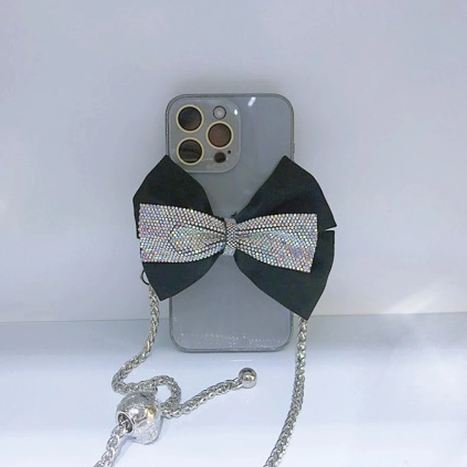 Phone Case Back Clip Bow Metal Chain Diamonds Anti-loss Artifact Portable Universal with Rhinestone Safety Cellphone Lanyard