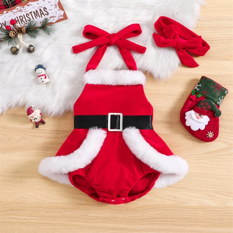 

Baby Girl 2 Piece Outfits Christmas Contrast Colors Halterneck Romper and Headband Cute Fashion Clothes