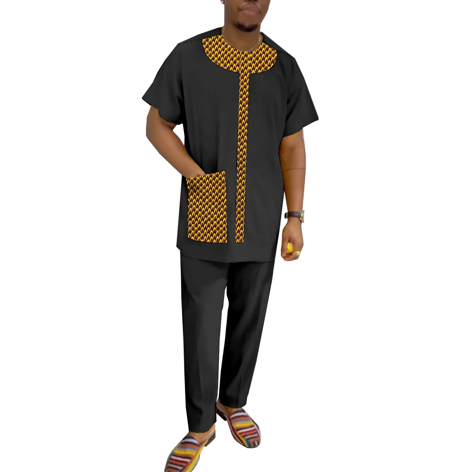 SEA&ALP African Suit for Men Short Sleeve Patchwork Wax Cloth Shirt Pants 2 Piece Set Outfit Dashiki Casual Attire