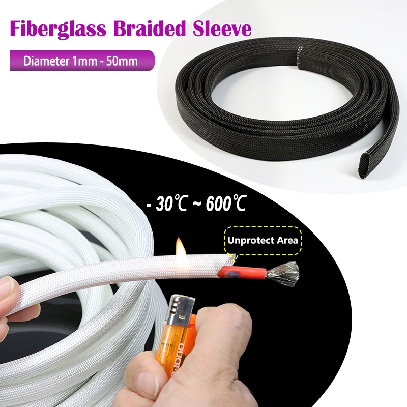 1/2/5M Braided Fiberglass Sleeve 600 Deg.C Dia.1mm ~ 50mm High Temperature Resistant Glass Fiber Tube Wire Protect Wrap Sleeving
