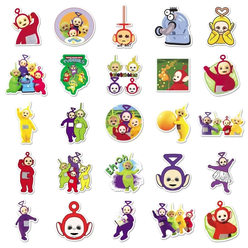 Teletubbies de dibujos animados, 50 piezas, taza de agua de dibujos animados, equipaje portátil, papelería de escritorio, monopatín, decoración de refrigerador, pegatina