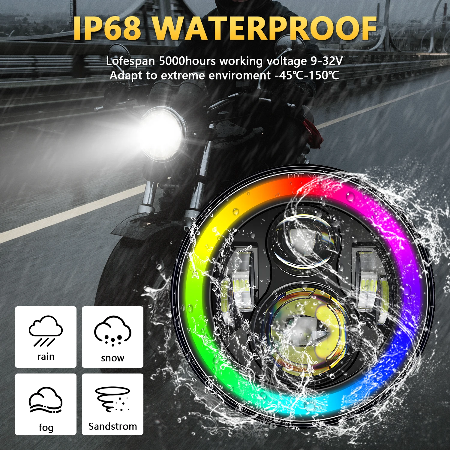 LED Colorful Headlight 7 Inch Wrangler Round Headlight High Power 200W 20000LM for Jeep Harley Universal Headlamp 6000K 12V 24V