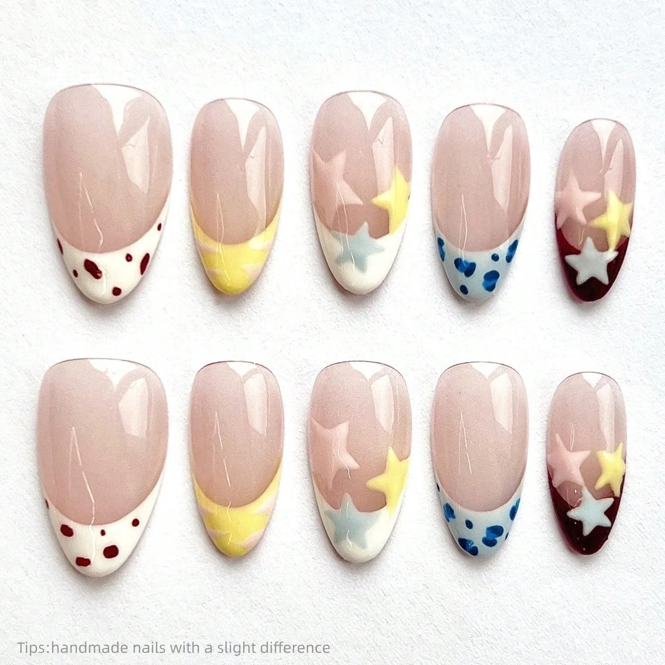 

10pcs Handmade Nude Pink Star Polka Dot Press On Nails Almond Long Cute Sweet Fake Nails Colorful Decor False Nail
