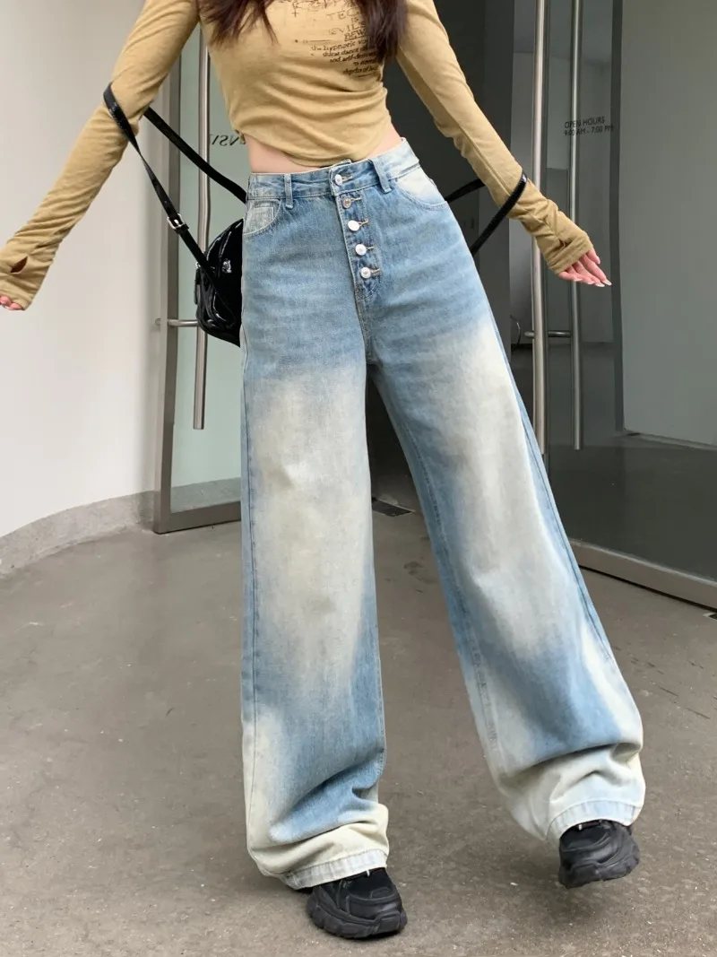 American High Street Washed Vintage Wide Leg Jeans 2024 Women's Early Autumn New High Waisted Straight Leg Pants Female Clothing