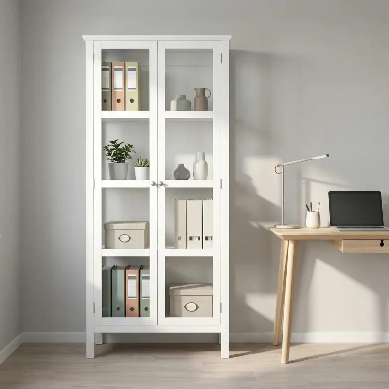 

Современный стеклянный шкаф-витрина custom.LED с 4 полками, двойными дверцами и подсветкой, белый, из дерева и стекла.