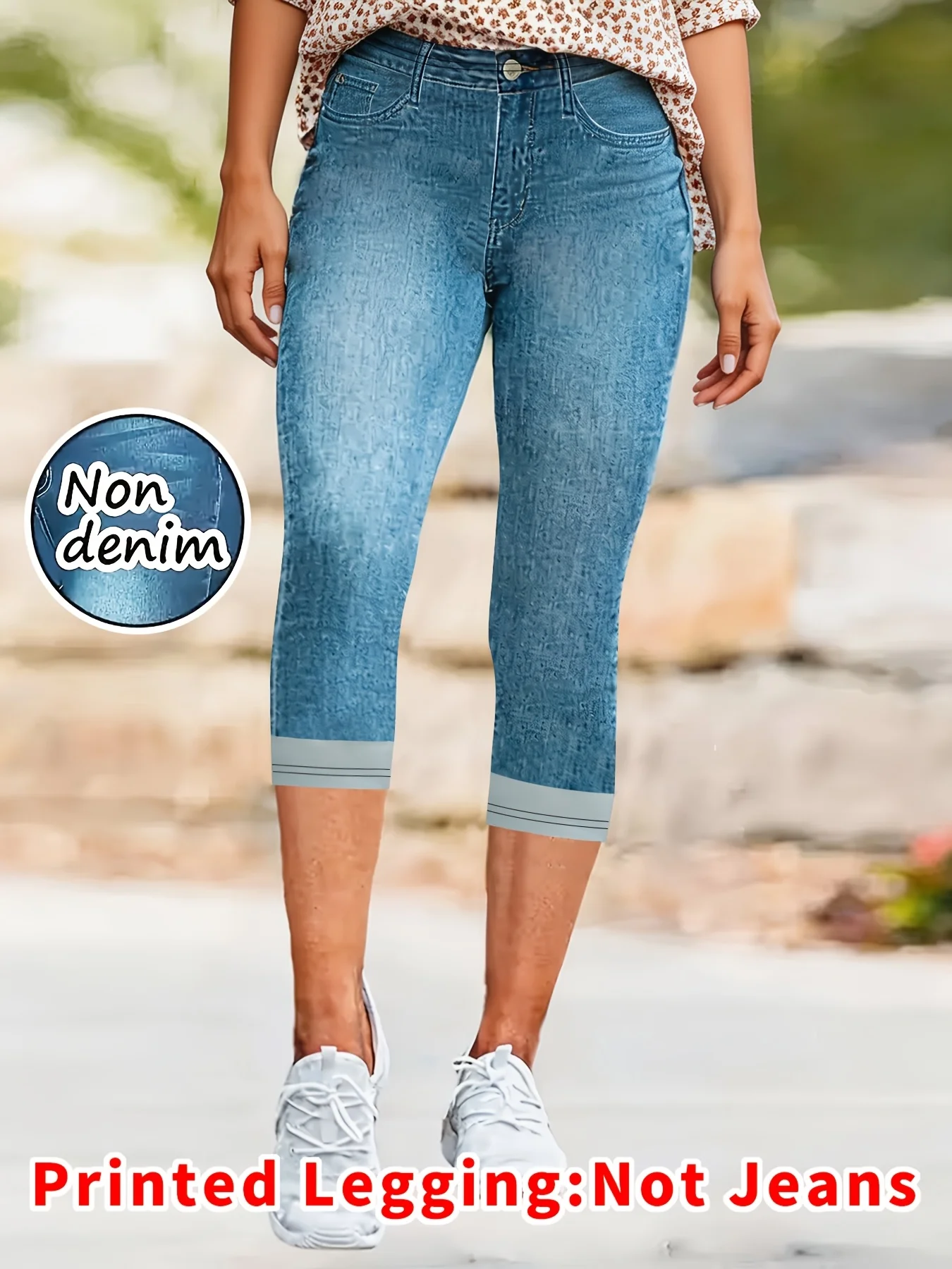 Women's Faux Denim Capri Leggings High Waist Roll‑Up Hem Stretch Skinny Pants Casual Versatile Fake Jeans Trousers