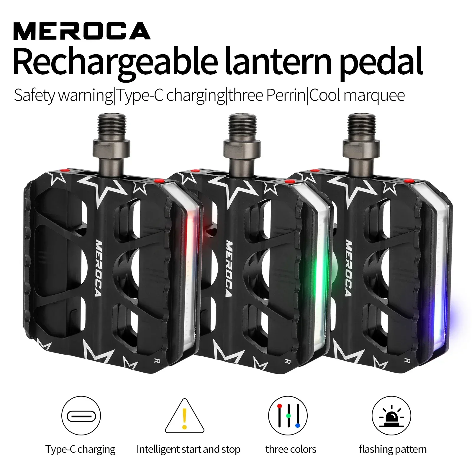 MEROCA Bicycle 3 Bearings Pedal With Colored Light Pedals Rainbow Mountain Road Bike With Light Warning Aluminum Alloy MTB Pedal