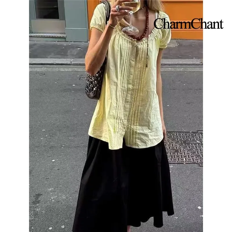 CHARMCHANT Women's Ruffle Square Neck Front Pleated Button Down Short Sleeve Blouse Lightweight Chiffon Casual Summer Top 2026