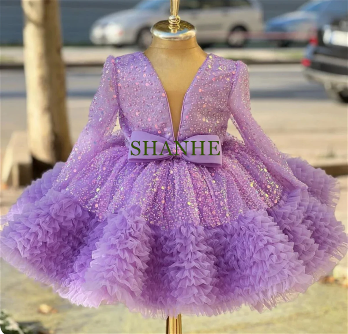 CustomizedSequins Flower Girl Dress Birthday Full Sleeve Sparky Ball Gown Bow Knee Length Kids Princess Dress First Communion Pu