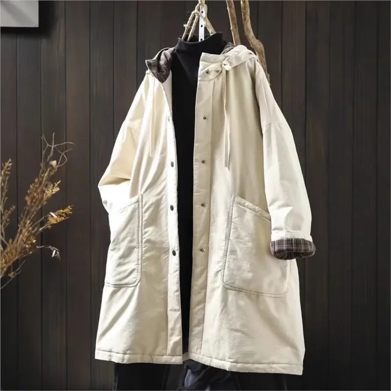 2026 Cotton Soft Chinese Style Parkas Women Vintage Hooded Warm Winter Parkas Solid Color Button Pockets Coats