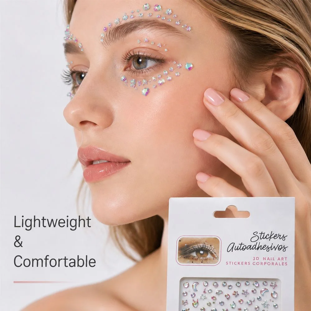 1Pc Colorful Rhinestone Face Jewel Sticker Moon Star Heart Self‑Adhesive Crystal Decal For Rave Party And Festival Body Art DIY