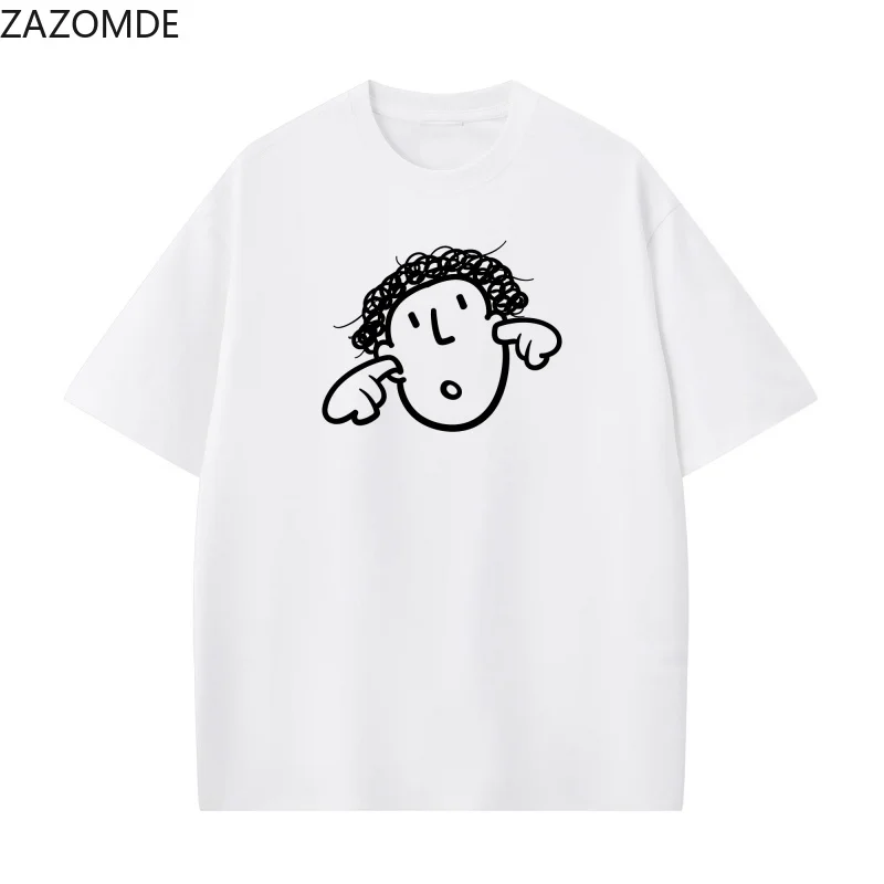 ZAZOMDE Trendy Simple Front Print T-shirt Funny Surprised Curly Haired Doodle Figure Short Sleeve Loose Summer Street Tees