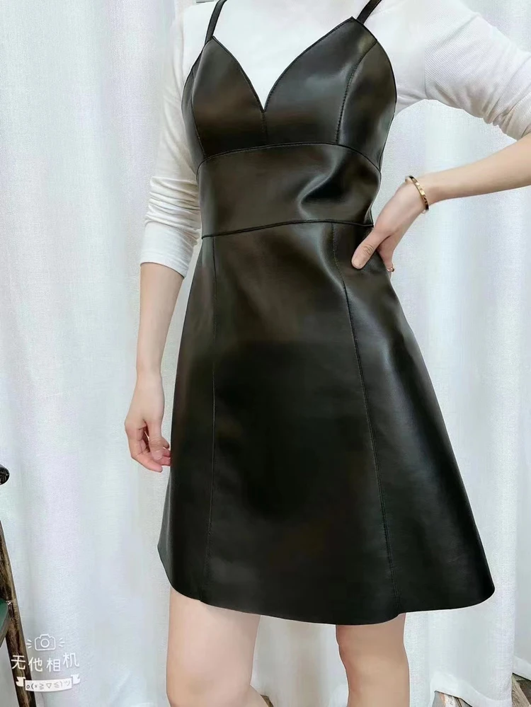 Leather Slip Dress For Women 2023 Spring Winter Female Backless Casual Mini Skirt Mujer V-neck  Short Black Vestido Streetwear