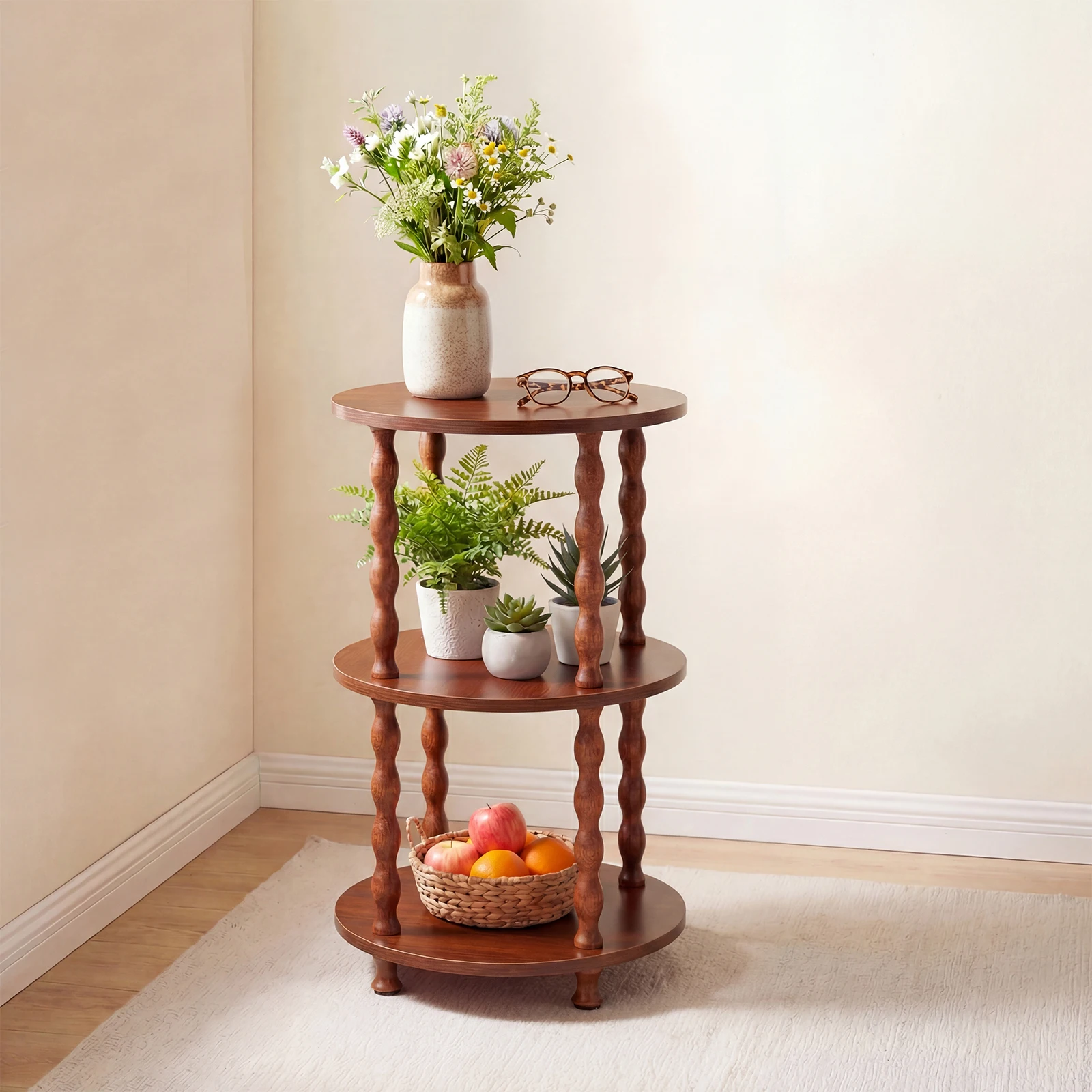 3-Tier Round Side Table, Wooden End Table with Spiral Legs, Multi Tier Accent Nightstand for Living Room Bedroom Small Spaces