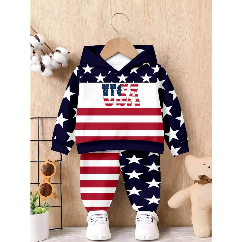 2-teiliger Jogginganzug mit Kapuze für Kleinkinder, Jungen und Mädchen, Spinnennetz-USA-Stern-Streifen-Print, lässiges Alltags-Outfit für Kinder – Detail 6