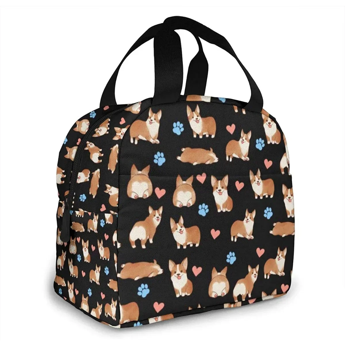 Cute Corgi Dog Lunch Bag for Women Insulated Lunch Box with Front Pocket Reusable Cooler Tote Bag for Work Office School Picnic