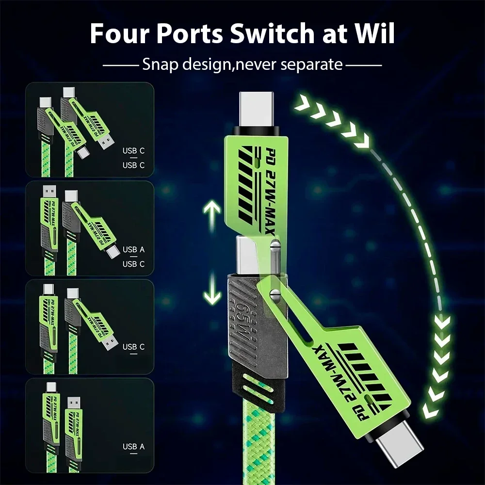 USB Type-C متعدد المنافذ سريع الشحن سلك خط PD 65 واط/27 واط 4 في 1 Mecha شحن سريع كابل بيانات الحبل آيفون 16 سامسونج شاومي