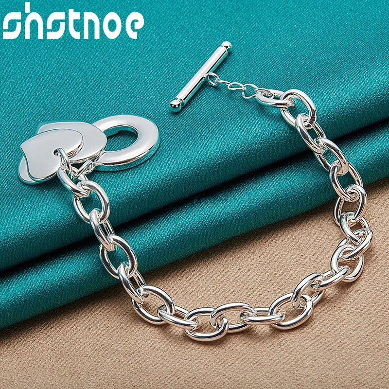 SHSTONE 925 Sterling Silver Two Heart Chain Bracelets For Women Men Engagement Wedding Party Birthday Fashion Charm Jewelry Gift