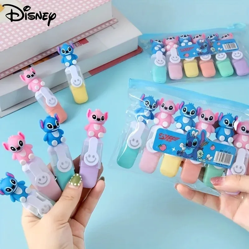 6pcs Disney Stitch Stitched Package Mini Fluorescent Highlighters, Lilo & Stitch Cartoon 6-Color DIY Manual Pens
