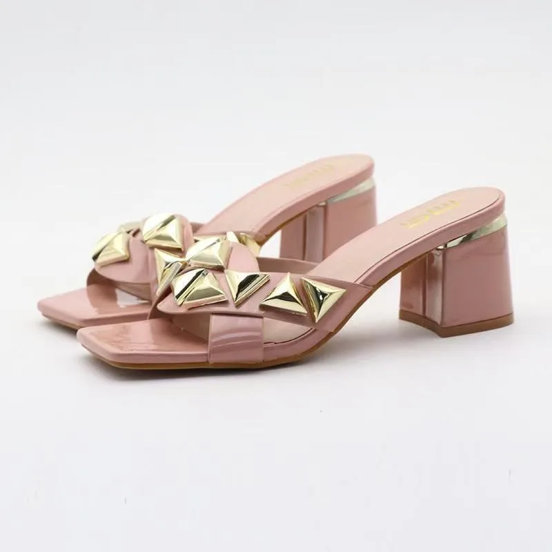 Women's Heels Sandals Gladiator Summer Luxury Designer Rivets Open Toe Slipper Slingbacks Comfortable Middle Heel Slippers