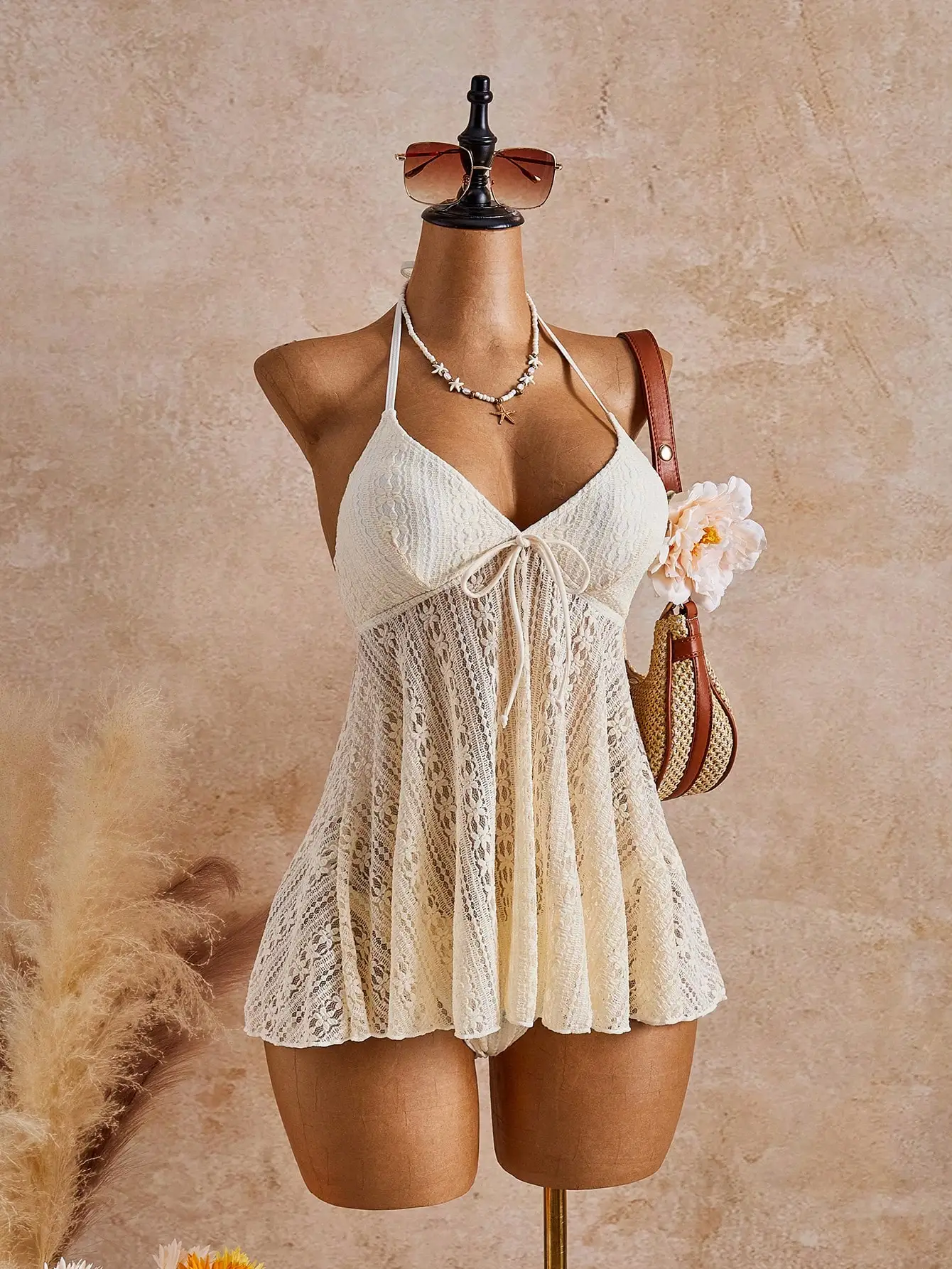 

Women's Floral Lace Front Tie Halter Beach Cover Up With Bikini Bottom