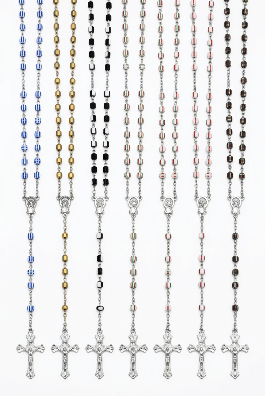 1Pc 6mm Faceted Melon Beads Thin Metal Chain Catholic Rosary Necklace Delicate Daily Prayer Jewelry
