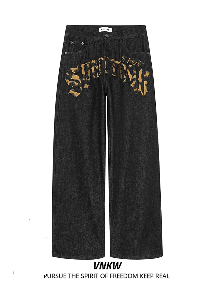 

Крутые мужские джинсы с блестящим золотым буквенным принтом, свободные повседневные брюки прямого кроя для подростков и взрослых, модная рабочая одежда