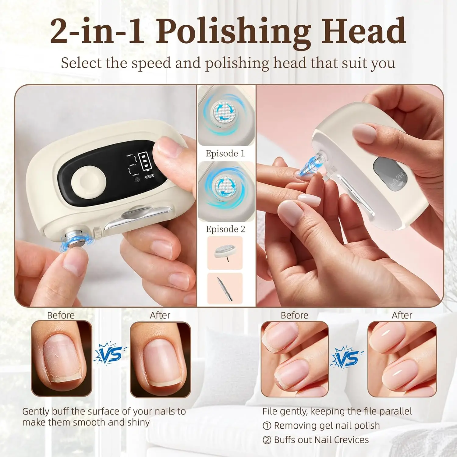 4-Cutter Patent Head, Magnifier,Display, Multi-Mode Grinder with Replaceable Heads, Rechargeable Nail Care Device for Adults
