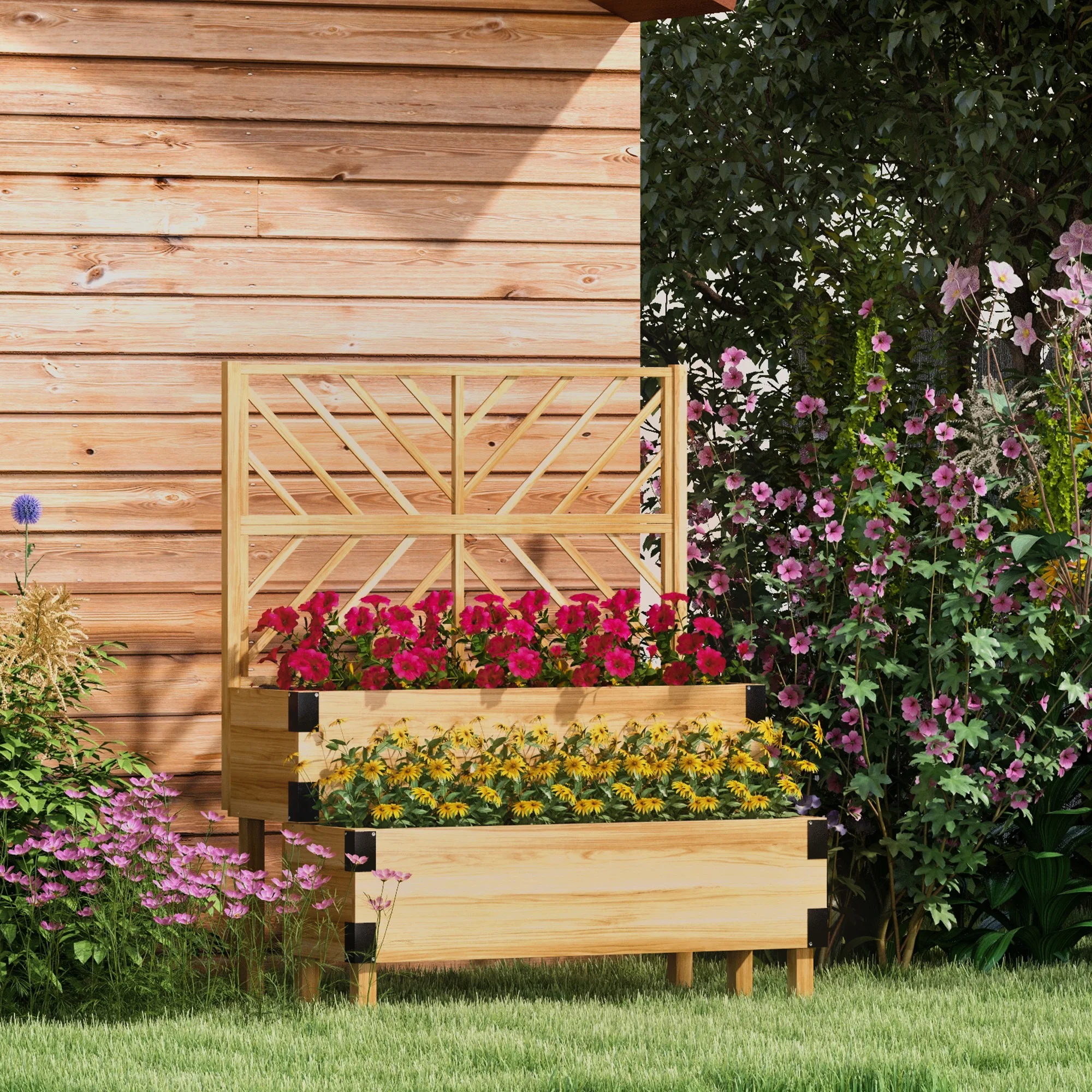 2 Tier Trellis Planter, Wooden Raised Garden Bed, Natural