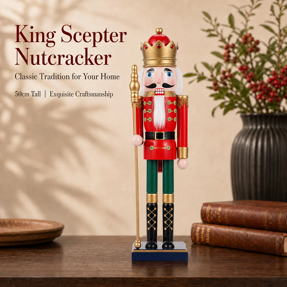 1pcs 50cm Holzpuppe Nussknacker Umhang König Skulptur Weihnachts puppe rot Handwerk Neujahr Dekoration Handwerk Ornament Geschenke – Detail 10