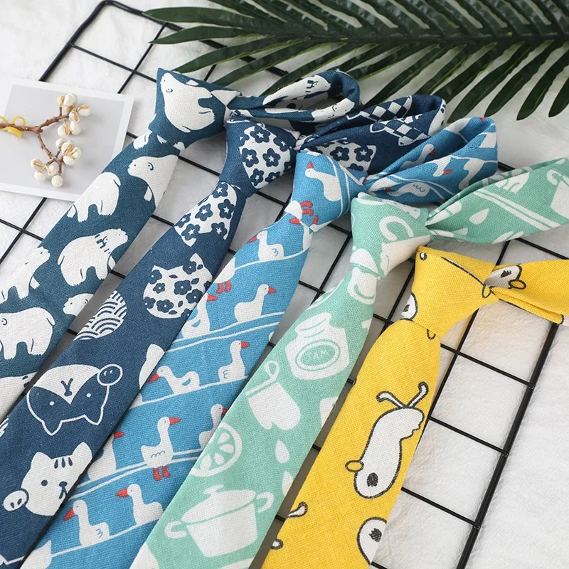 Cartoon Tie Boys Girls Casual 6cm Fashion Floral Plant Animal Pattern Ties Neck Wear Men and Women Cotton Linen Necktie