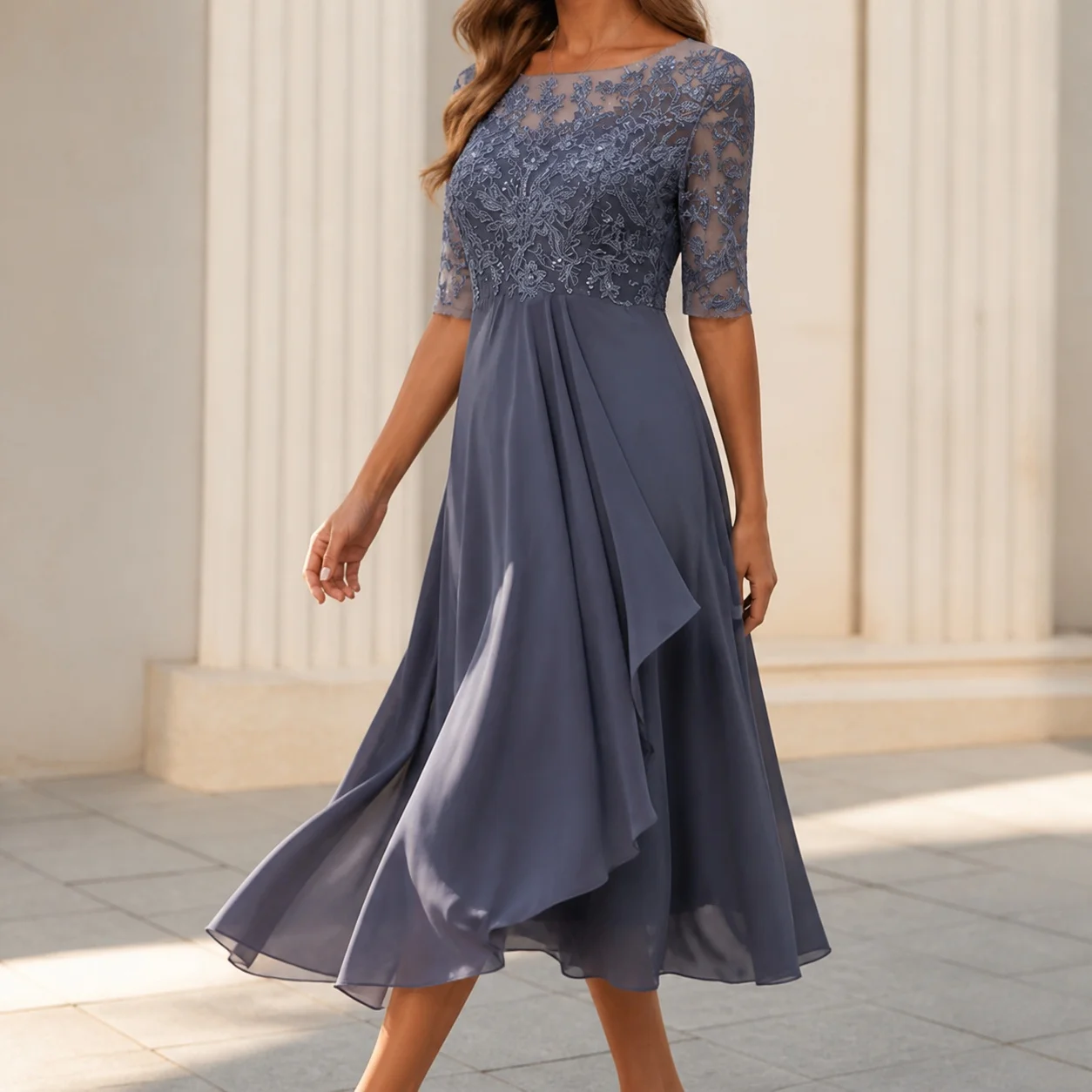Women Elegant Asymmetrical Midi Dress Round Neck Short Sleeve Color Block Chiffon for Wedding Guest Party Wedding Party For