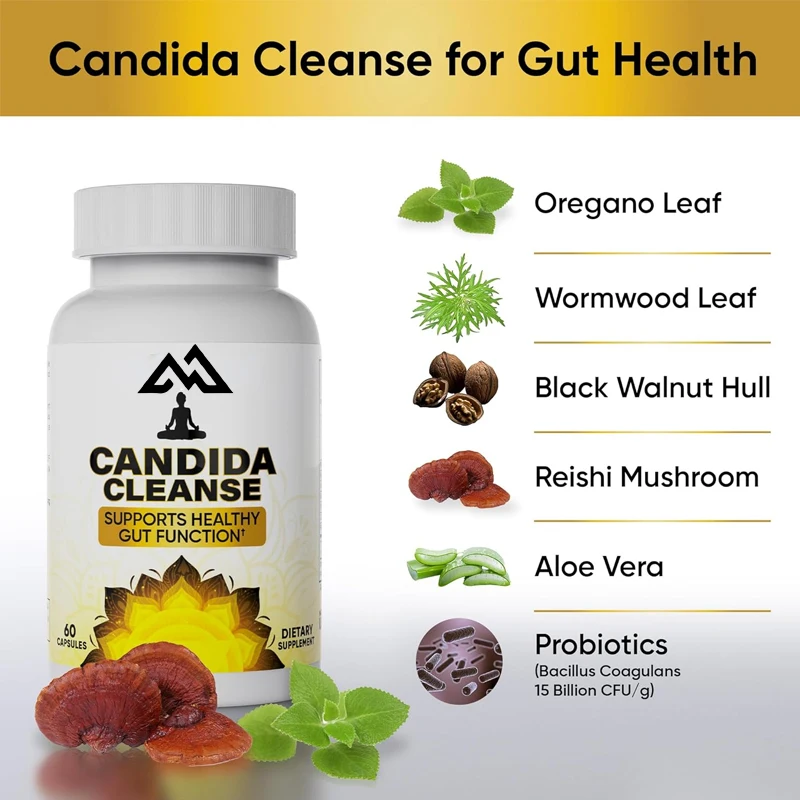 Gut and colon support (60 Candida vegetarian capsules) Natural herbal plants for intestinal detoxification anti yeast overgrowth