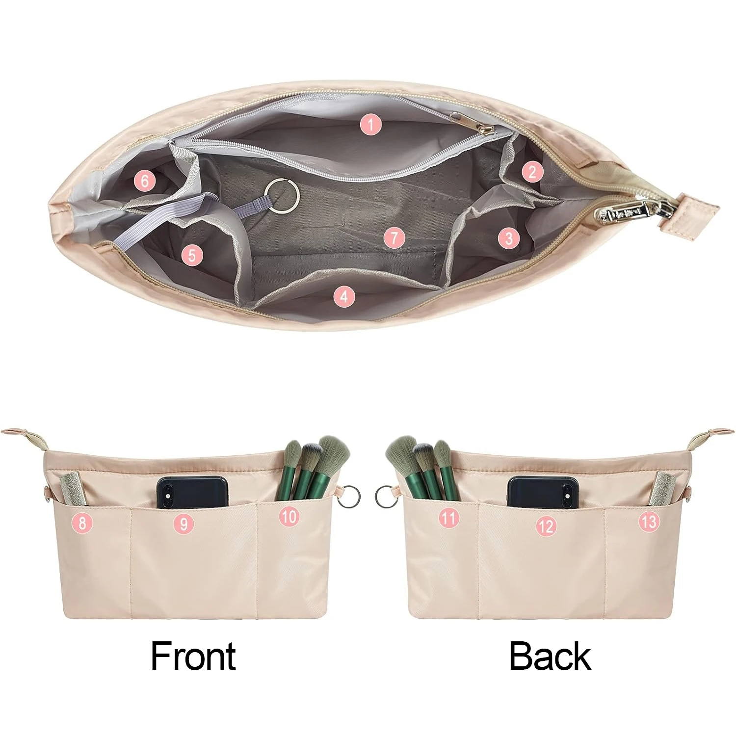 Insert organisateur de sac à main en nylon de qualité supérieure - 13 - Doublure de sac à main fourre-tout de poche avec fermeture éclair, 4 tailles disponibles