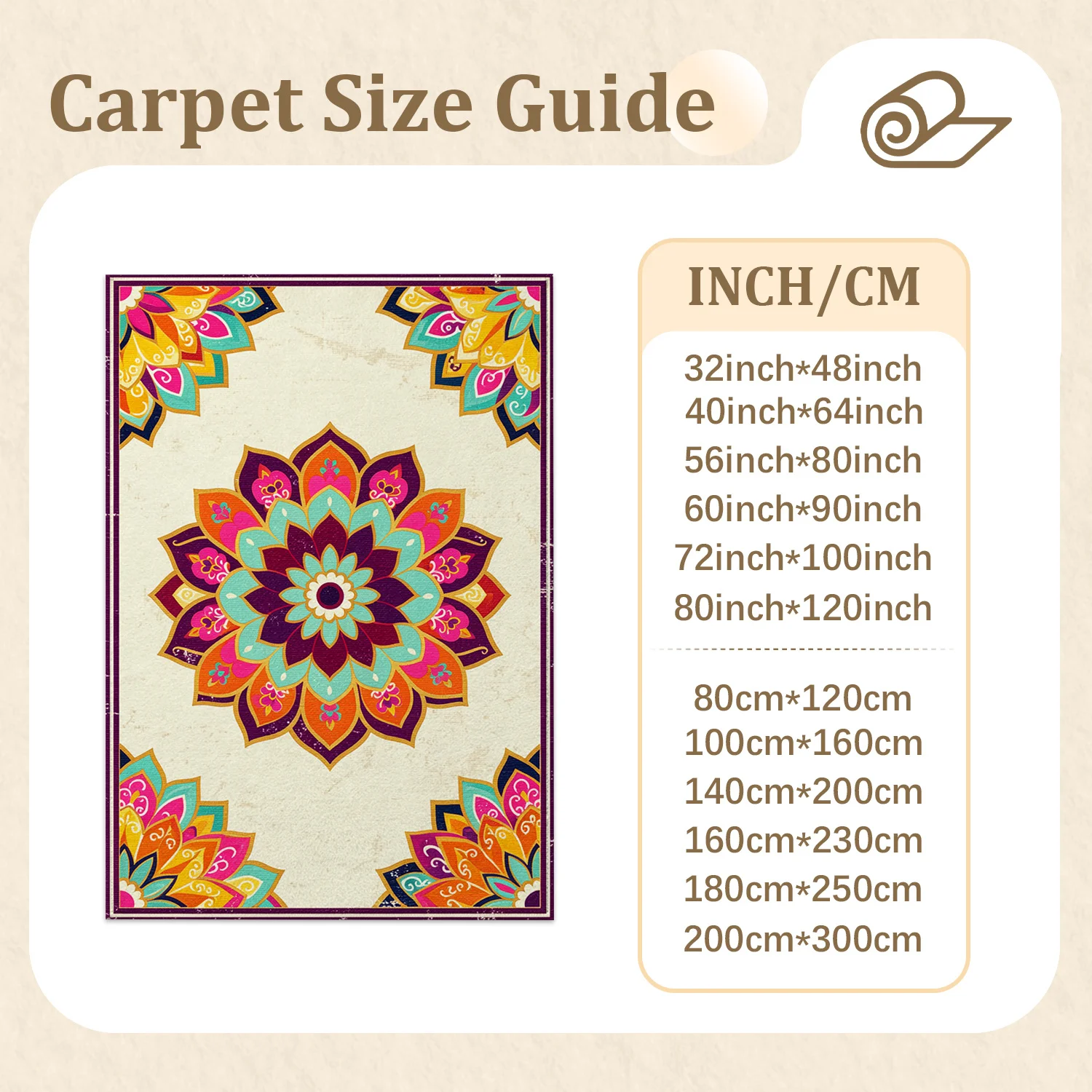 Vibrant Mandala Floral Pattern Velvet Area Rug, Machine Washable Soft Floor Mat for Living Room, Bedroom, Entryway, Dining Room, Ideal for Halloween, Thanksgiving, Christmas, New Year, Black Friday, Cyber Monday Home Decor
